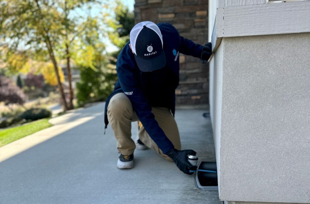 A Habitat Pest & Lawn employee providing expert spider control services in Kuna, ID, showcasing professional tools and skills to ensure top-quality results.