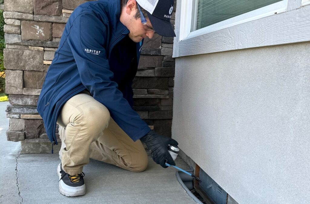 A Habitat Pest & Lawn employee providing expert spider control services in Meridian, ID, showcasing tools and skills for safe and thorough home protection.